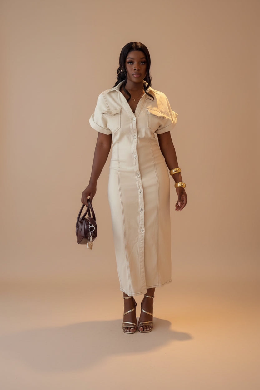 Vestido longo elegante com gola virada para baixo, manga curta e botões