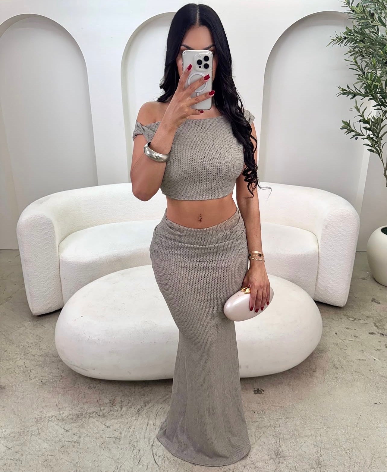 Conjunto de 2 peças, casual elegante ombro assimétrico ombro  e cintura dobrável saia rabo de peixe