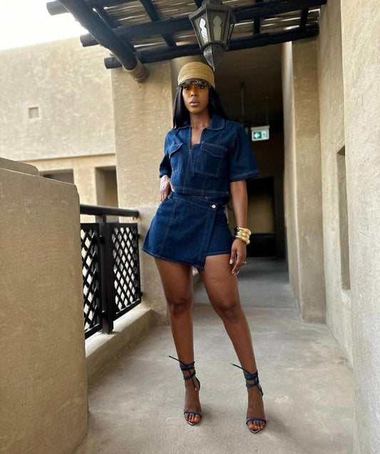 CJ80017#Conjunto de 2 peças de blusa jeans manga curta solta e shorts largos de perna larga