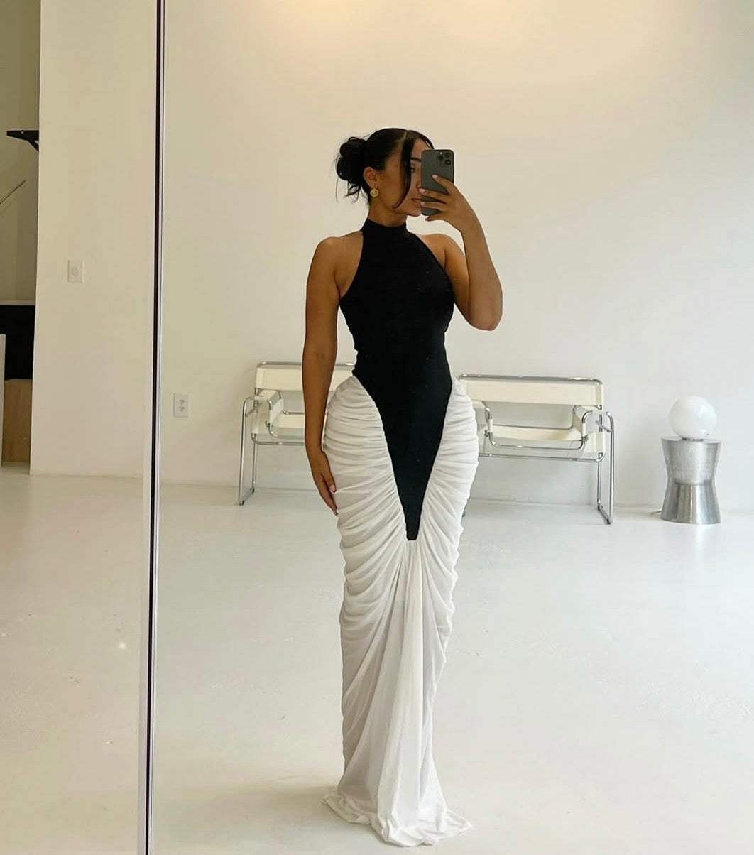 ITGIRLS BOO Vestido elegante com estampa de blocos de cores preto e branco, cintura alta, justo, bainha estilo rabo de peixe