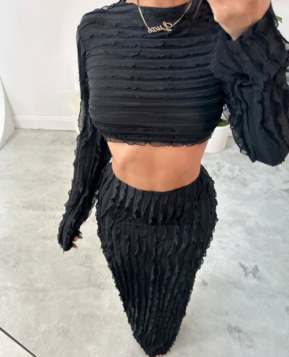 CJ 2007# crop top com gola saia longa plissada