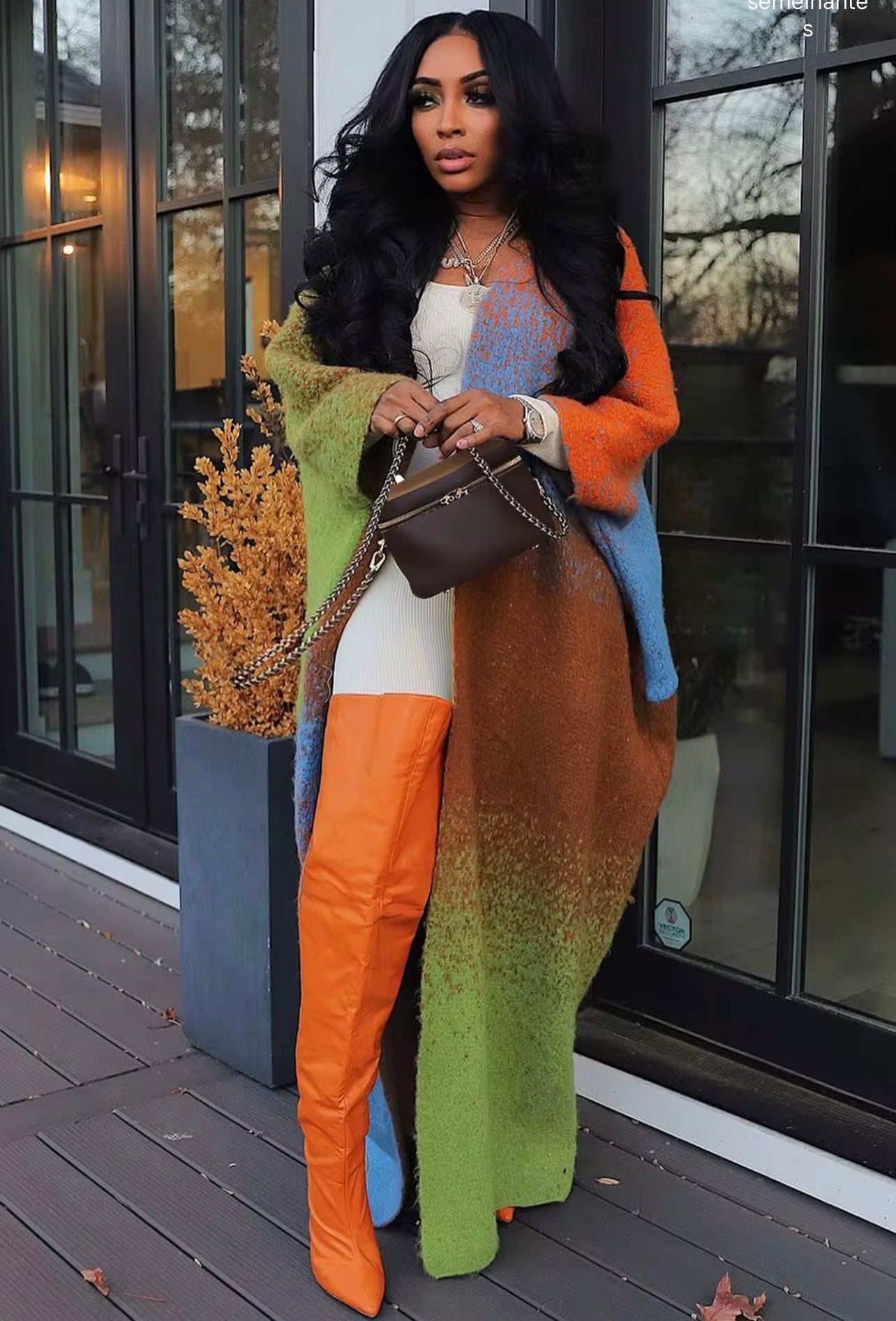 USMODE  Cardigan de Tricô com Ponto Aberto, Estilo Patchwork Grosso, Elegante, Solto ,Casual e Estampados