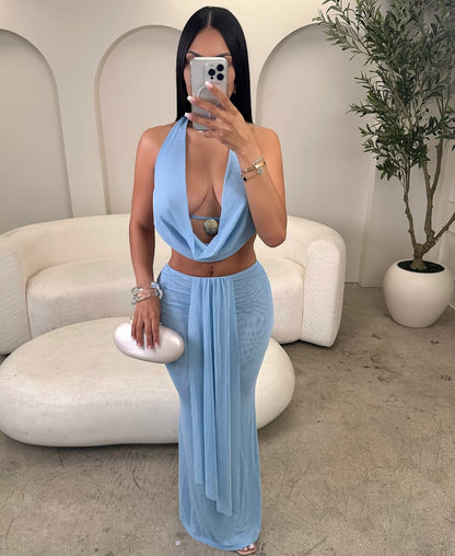 CJ80045# Conjunto de 2 peças de blusa e saia sexy com decote drapeado e costas nuas