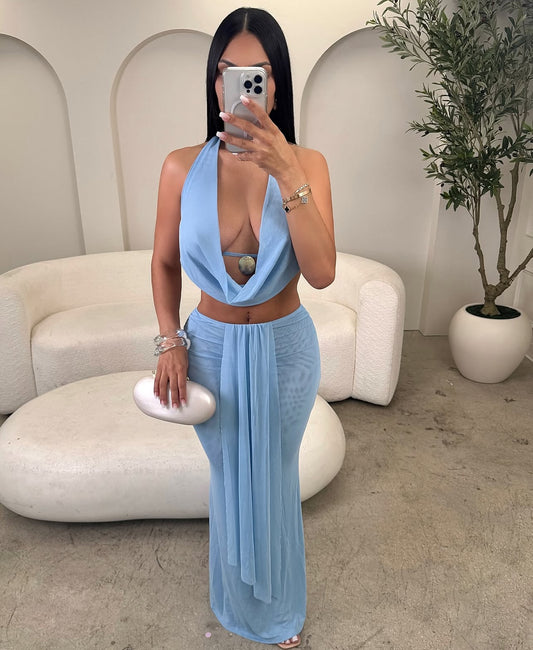 CJ80045# Conjunto de 2 peças de blusa e saia sexy com decote drapeado e costas nuas