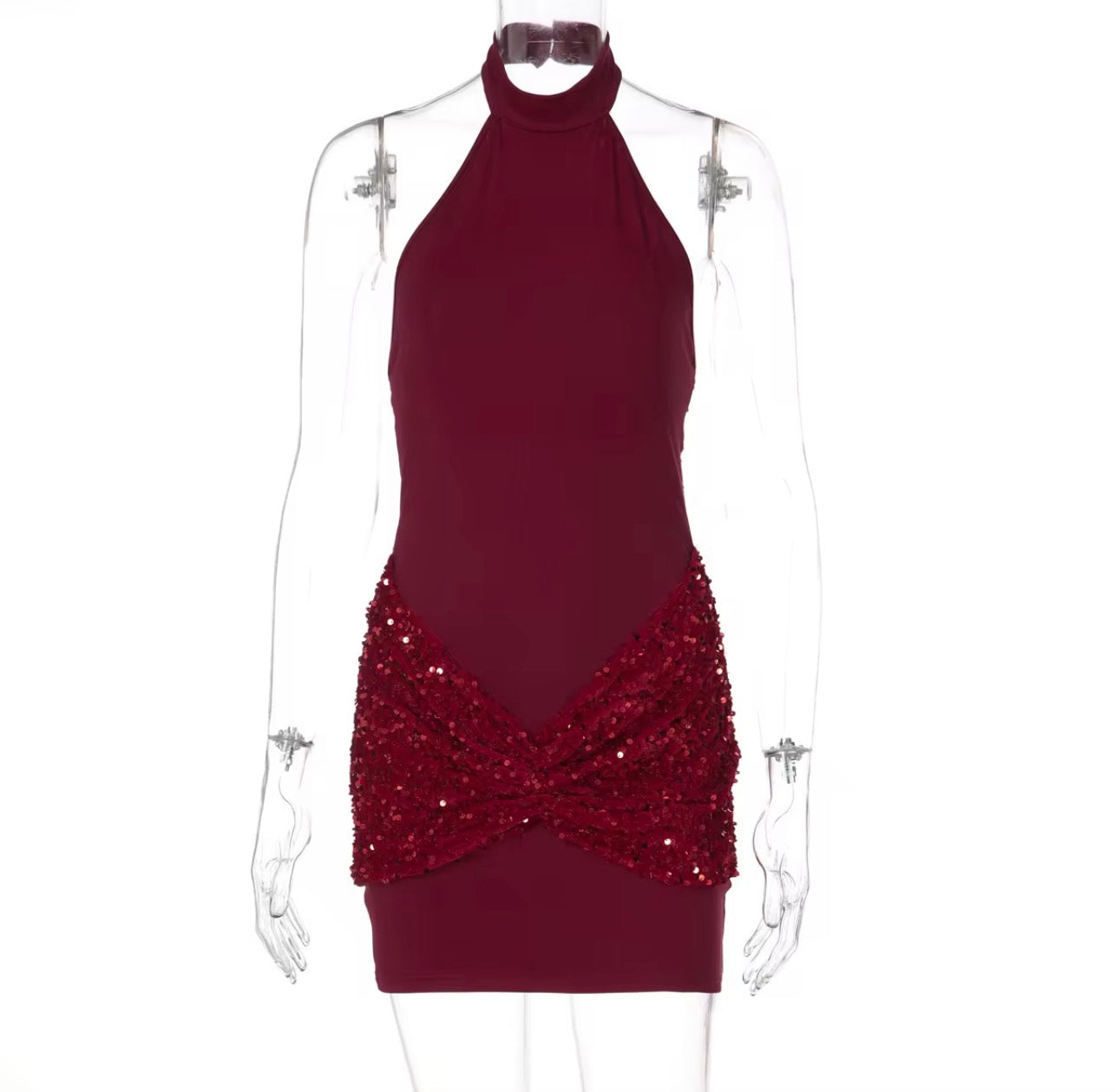 MINI LUXE Vestido elegante com lantejoulas, plissado, gola alta