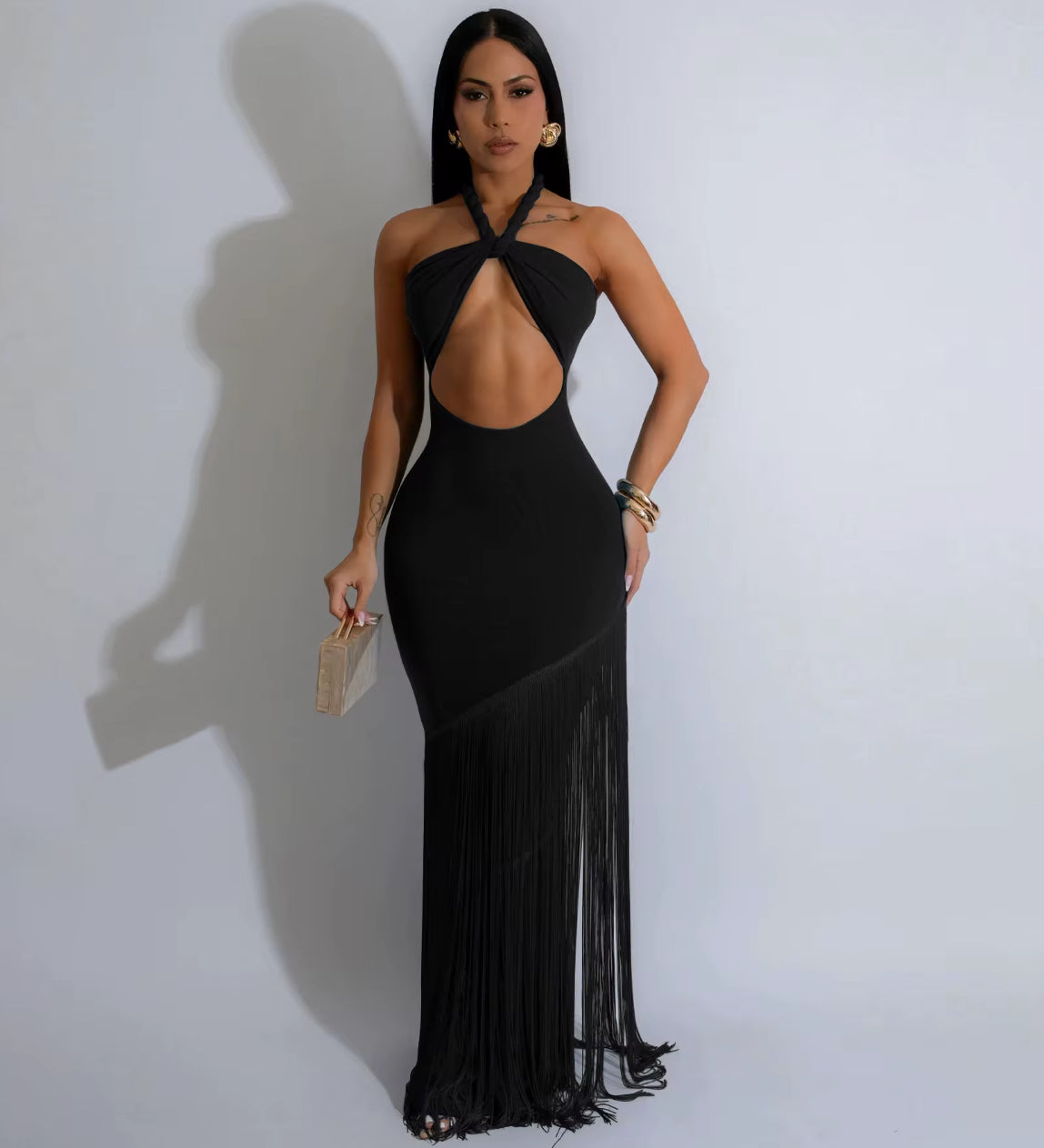 SX Vestido longo sexy com franja alça de corda