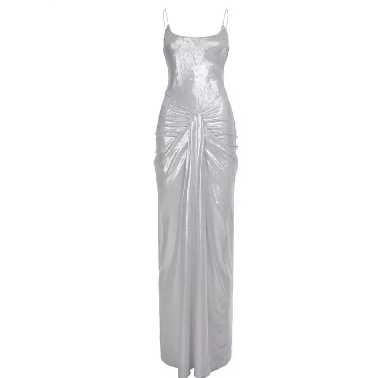 V1004# vestido longo metalizado fraseado a frente