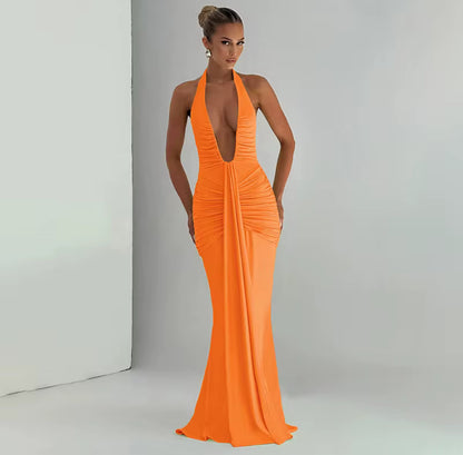 80064 Vestido elegante sem mangas com decote em V profundo e costas abertas, franzido