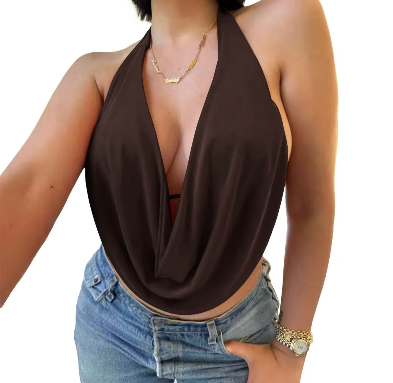 Top de alça Frente drapeado Amarrado sem costas