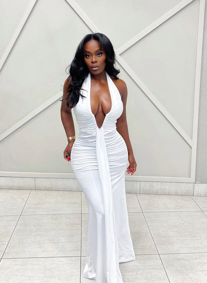 80064 Vestido elegante sem mangas com decote em V profundo e costas abertas, franzido