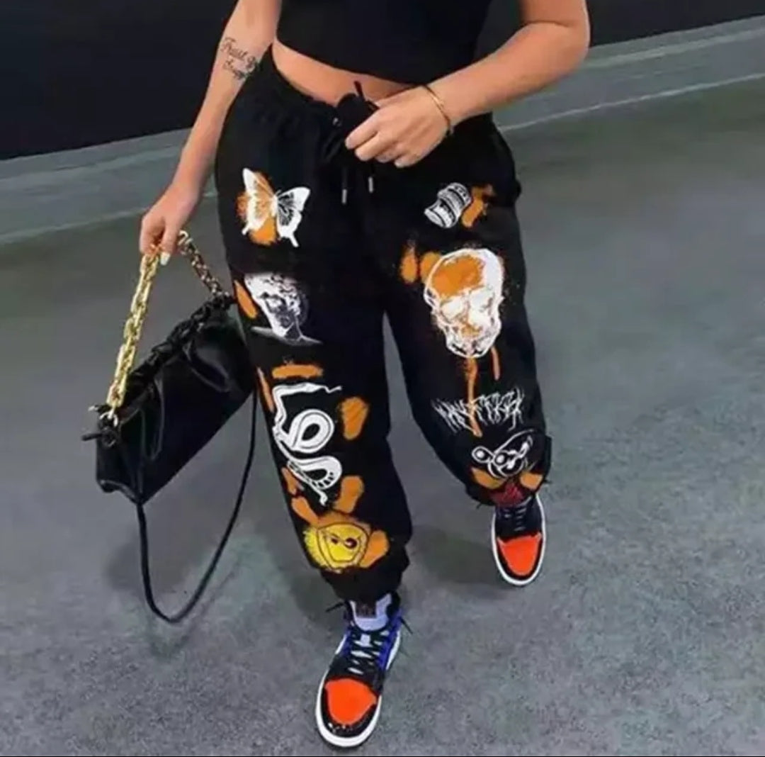1814# Tracksuit pants Skull and letters pattern Drawstring waist