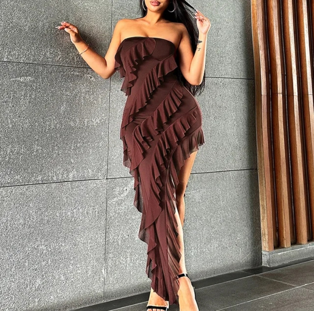 1708# Women's Strapless Asymmetrical Hem Dress With Ruffle Detail And 3d Floral Embellishment