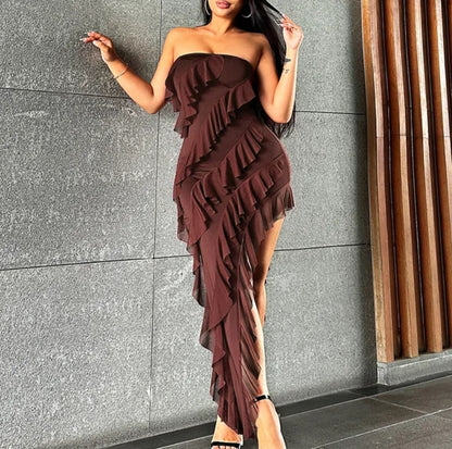 1708# Women's Strapless Asymmetrical Hem Dress With Ruffle Detail And 3d Floral Embellishment