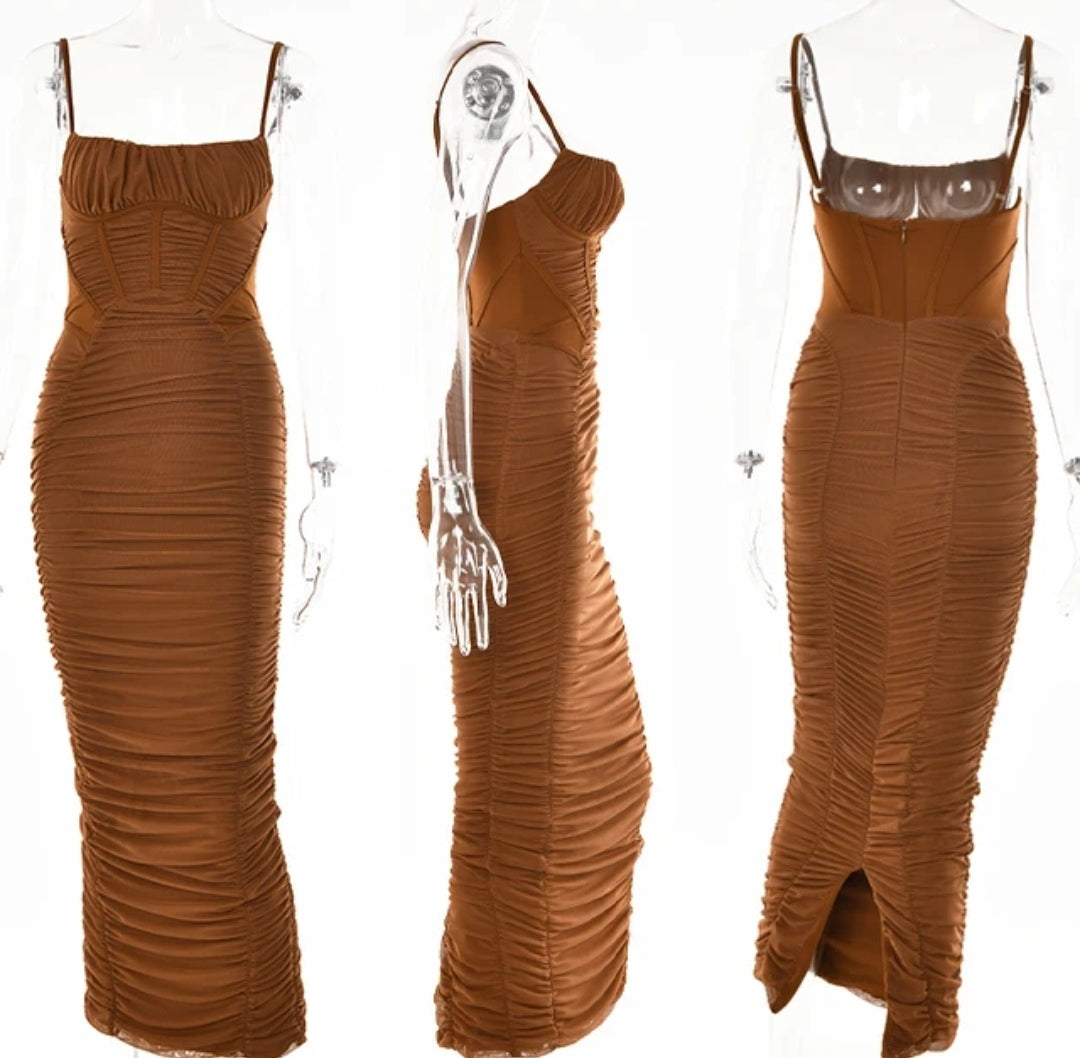 1823# Ruched Bustier Dress in Split Back Knit