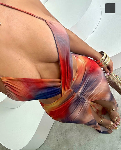 5001#vestido longo multicolor deconte em V