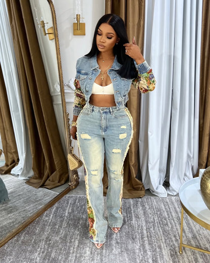 Jeans set with floral patterns