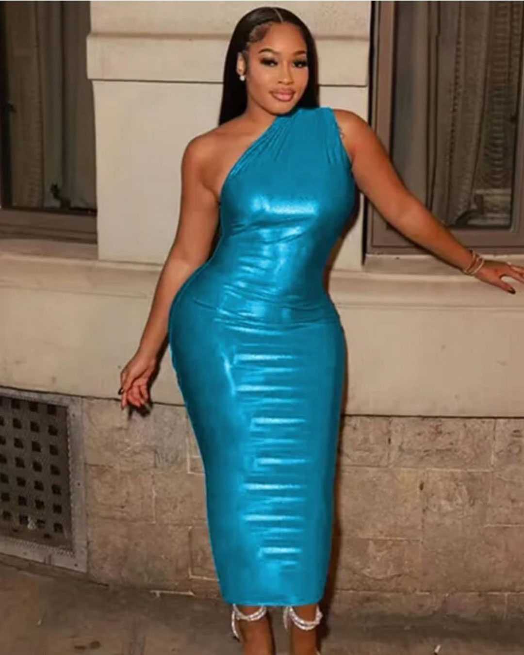 #1620 Metallic One Shoulder Ruched Side Dress