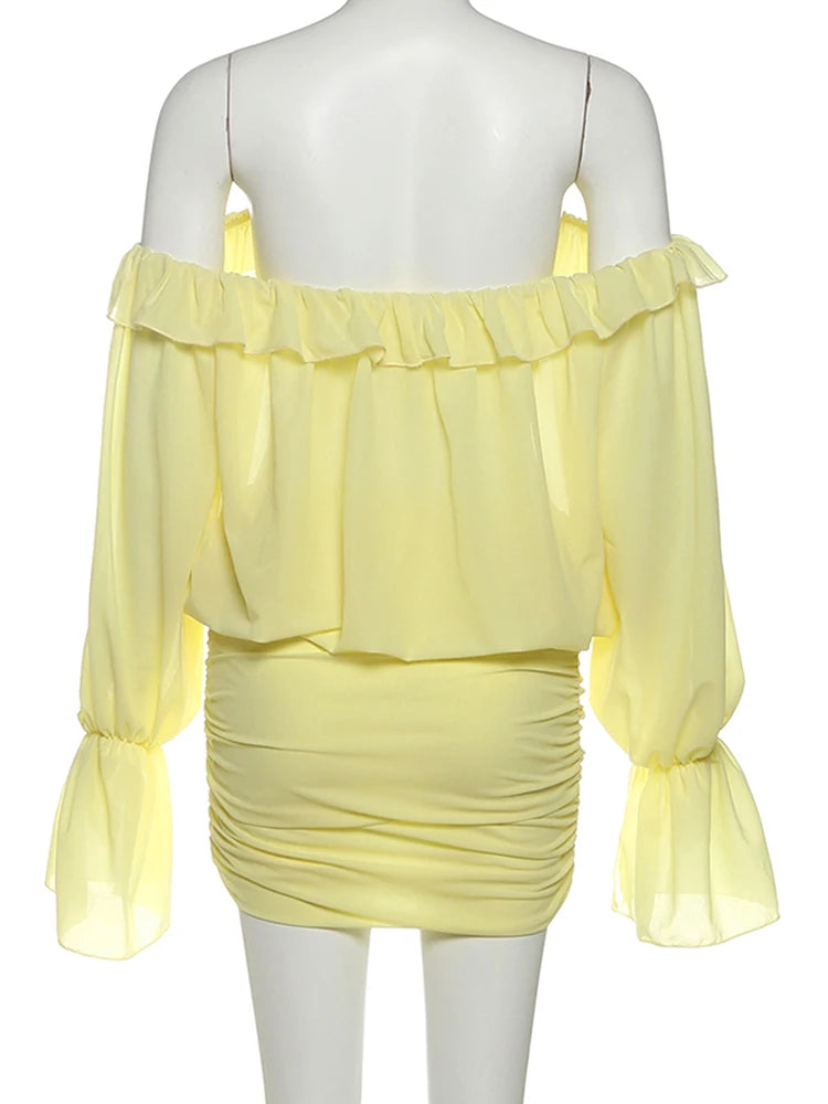 VM80079 Vestido vazado com babados e , transparente decote em V, mangas compridas, praia, festa de fim de ano