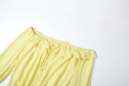 VM80079 Vestido vazado com babados e , transparente decote em V, mangas compridas, praia, festa de fim de ano