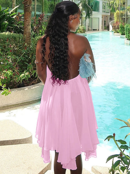 Vestido curto sem mangas com alças finas e cadarço, irregular, de chiffon, plissado, liso, sexy, casual