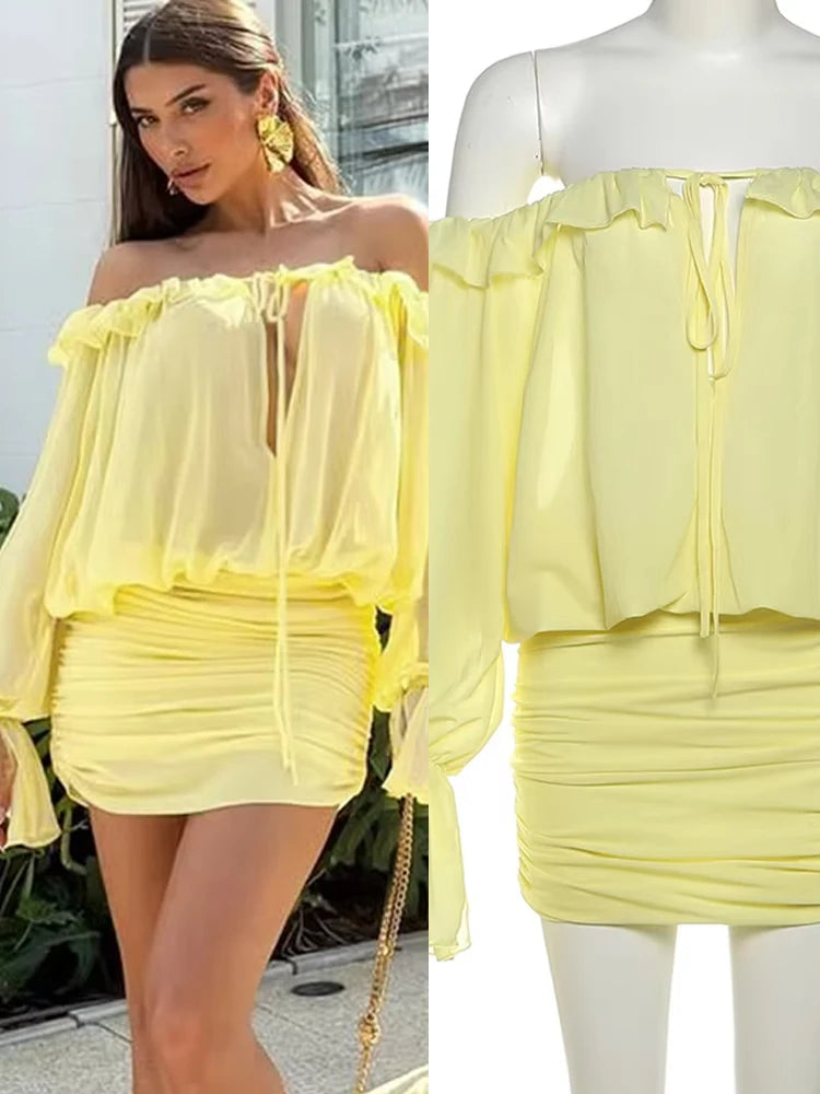 VM80079 Vestido vazado com babados e , transparente decote em V, mangas compridas, praia, festa de fim de ano