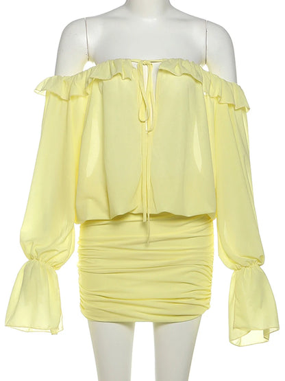 VM80079 Vestido vazado com babados e , transparente decote em V, mangas compridas, praia, festa de fim de ano