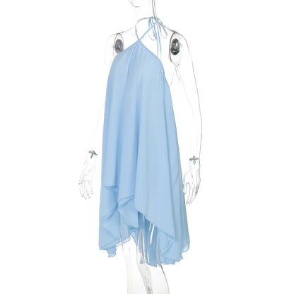 Vestido curto sem mangas com alças finas e cadarço, irregular, de chiffon, plissado, liso, sexy, casual