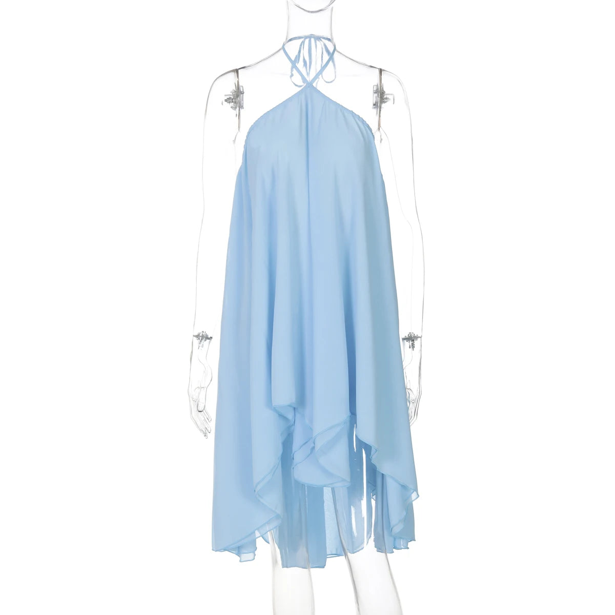 Vestido curto sem mangas com alças finas e cadarço, irregular, de chiffon, plissado, liso, sexy, casual