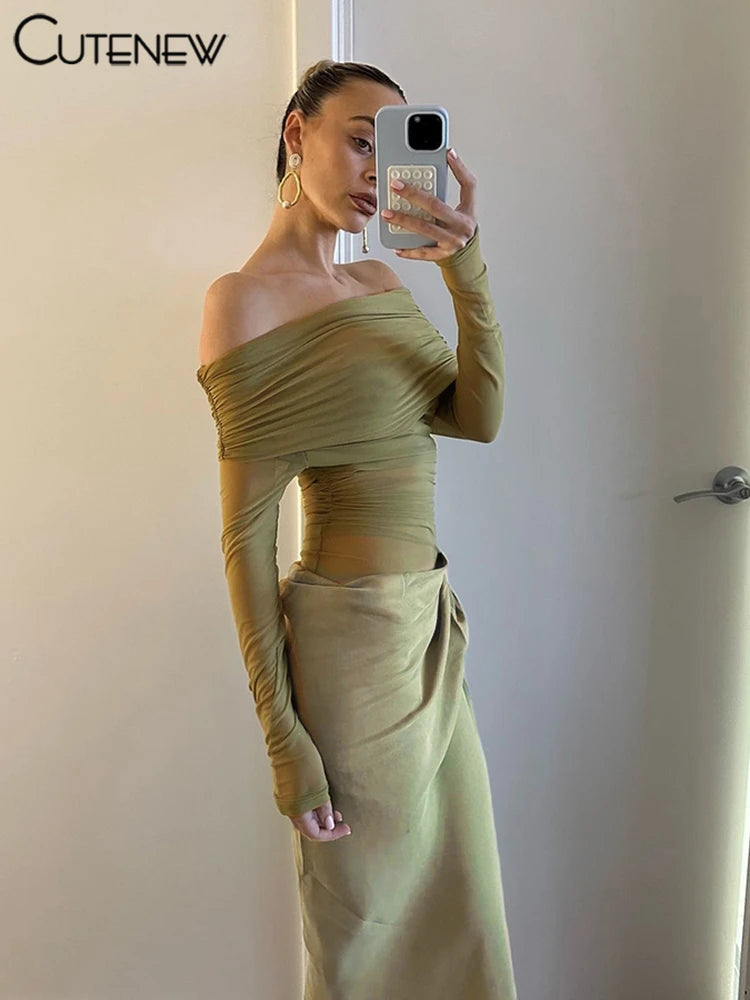 10055# Vestido longo feminino de malha com babados