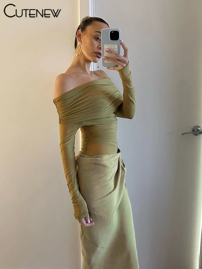 10055# Vestido longo feminino de malha com babados