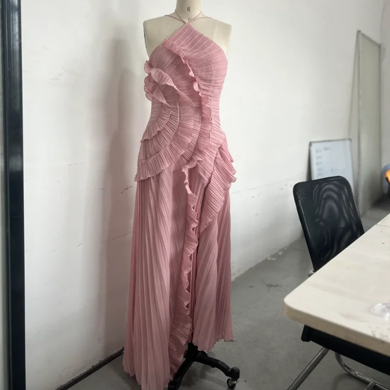 Vestido longo elegante e chique com borda de lótus, corte justo, costas nuas, com cadarço, sem mangas, para festa,