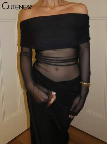 10055# Vestido longo feminino de malha com babados