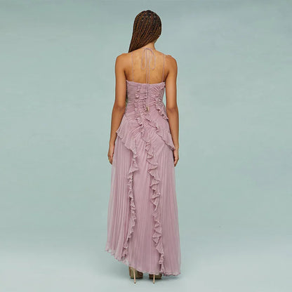 Vestido longo elegante e chique com borda de lótus, corte justo, costas nuas, com cadarço, sem mangas, para festa,