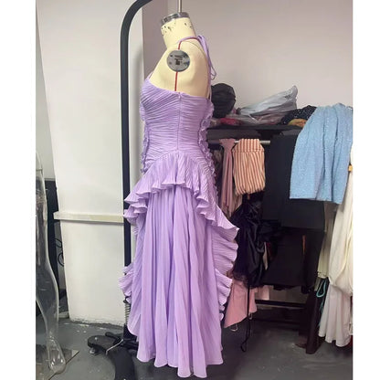 Vestido longo elegante e chique com borda de lótus, corte justo, costas nuas, com cadarço, sem mangas, para festa,