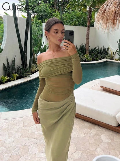 10055# Vestido longo feminino de malha com babados