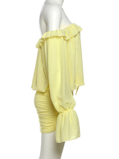 VM80079 Vestido vazado com babados e , transparente decote em V, mangas compridas, praia, festa de fim de ano