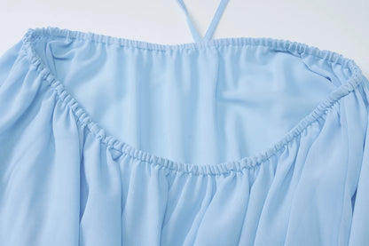 Vestido curto sem mangas com alças finas e cadarço, irregular, de chiffon, plissado, liso, sexy, casual