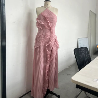 Vestido longo elegante e chique com borda de lótus, corte justo, costas nuas, com cadarço, sem mangas, para festa,