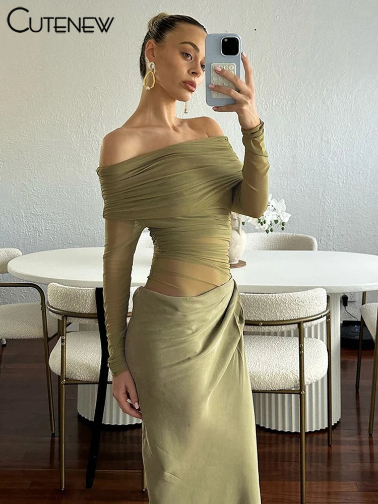 10055# Vestido longo feminino de malha com babados