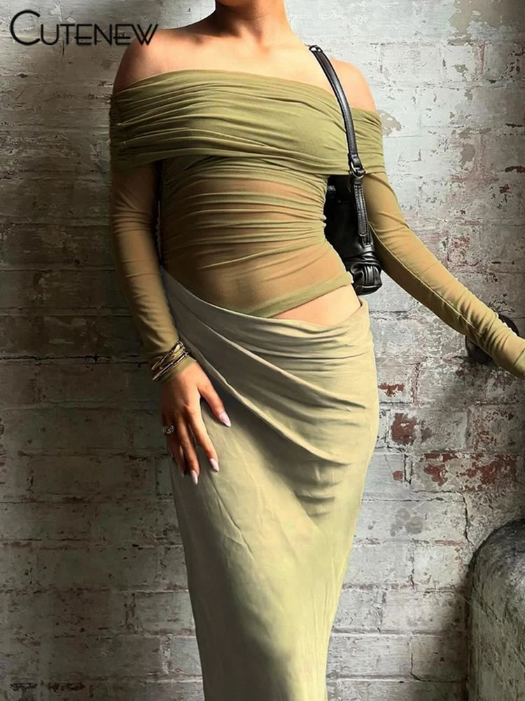 10055# Vestido longo feminino de malha com babados