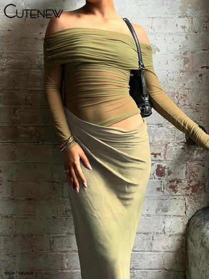 10055# Vestido longo feminino de malha com babados