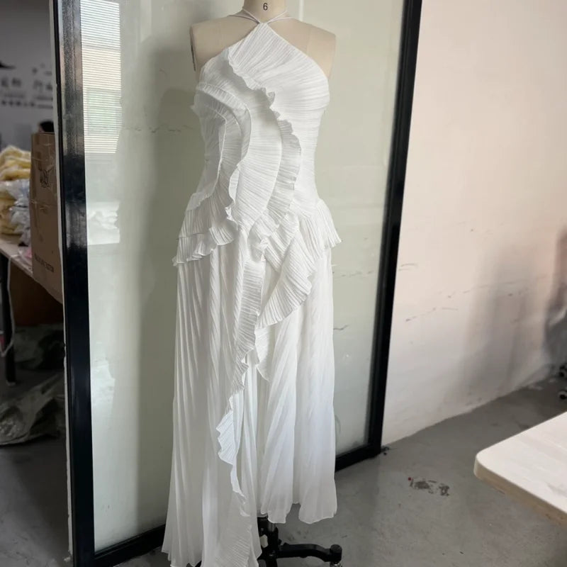 Vestido longo elegante e chique com borda de lótus, corte justo, costas nuas, com cadarço, sem mangas, para festa,