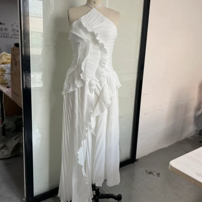 Vestido longo elegante e chique com borda de lótus, corte justo, costas nuas, com cadarço, sem mangas, para festa,