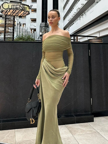 10055# Vestido longo feminino de malha com babados