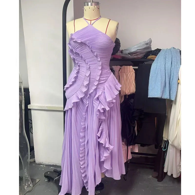 Vestido longo elegante e chique com borda de lótus, corte justo, costas nuas, com cadarço, sem mangas, para festa,