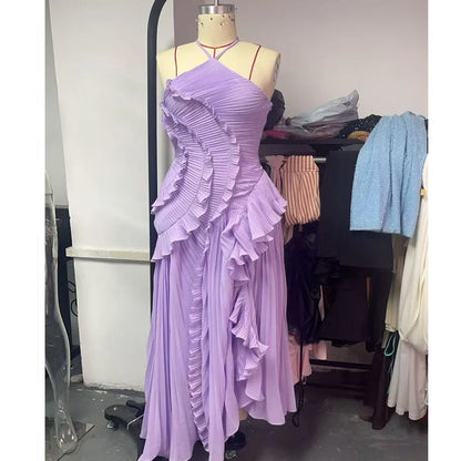 Vestido longo elegante e chique com borda de lótus, corte justo, costas nuas, com cadarço, sem mangas, para festa,