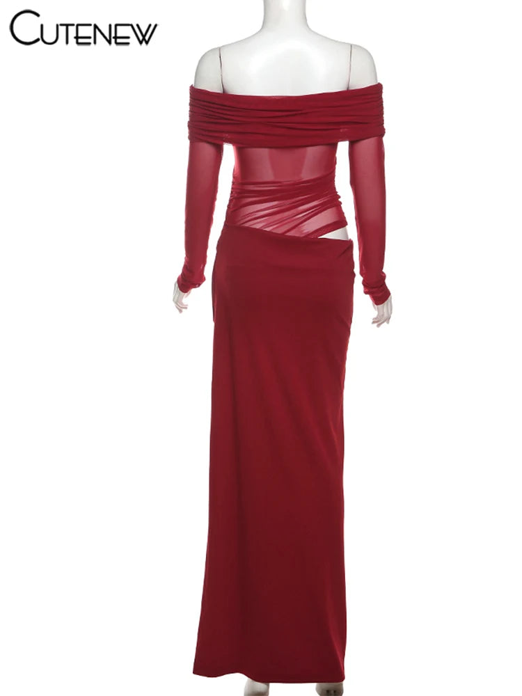 10055# Vestido longo feminino de malha com babados