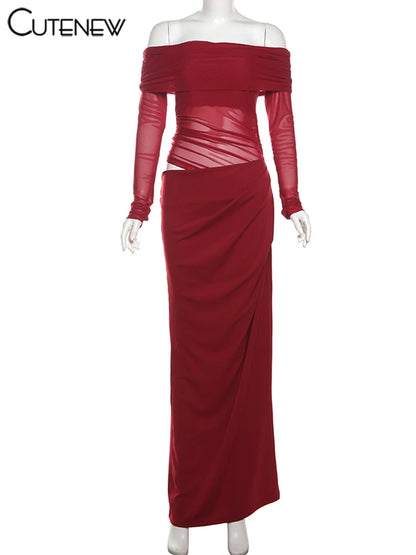 10055# Vestido longo feminino de malha com babados