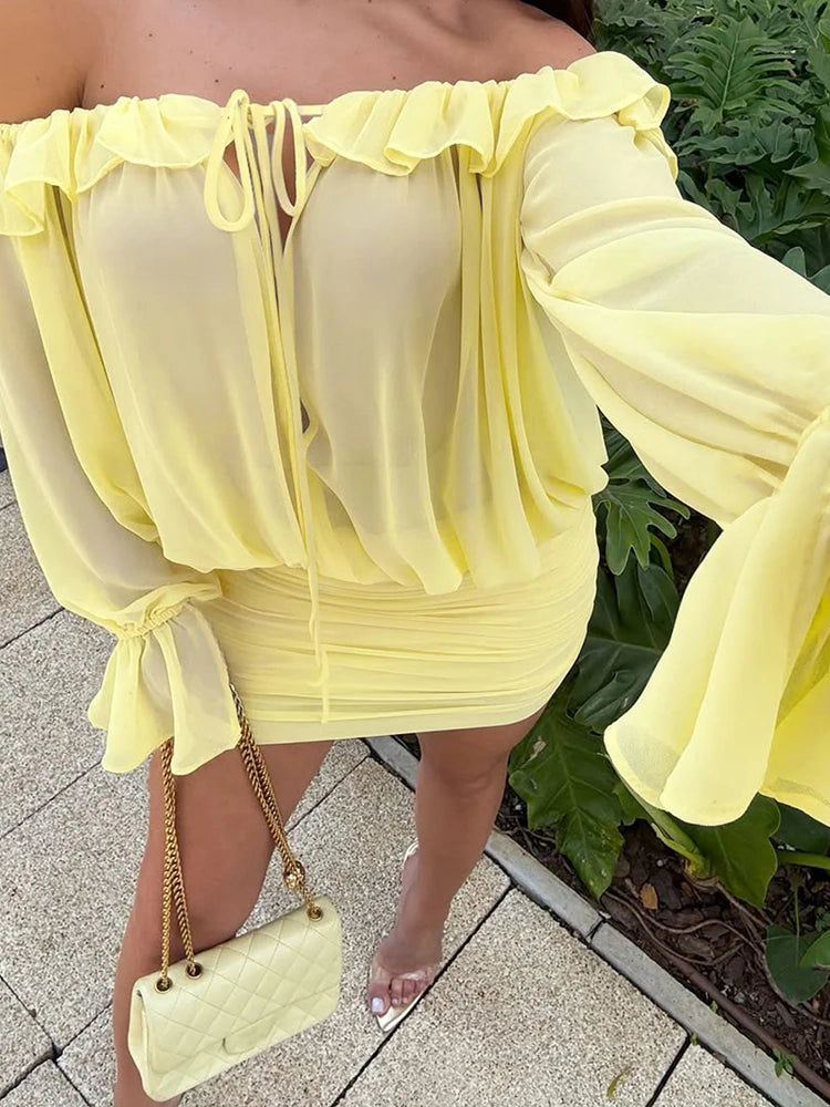 VM80079 Vestido vazado com babados e , transparente decote em V, mangas compridas, praia, festa de fim de ano