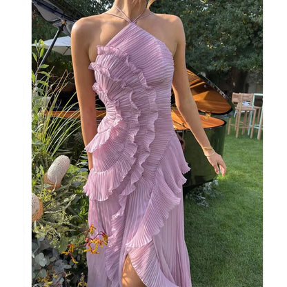 Vestido longo elegante e chique com borda de lótus, corte justo, costas nuas, com cadarço, sem mangas, para festa,